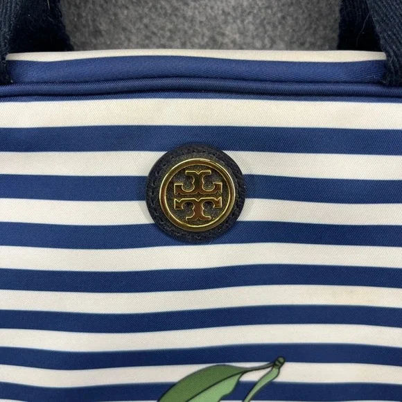 Tory Burch Cosmetic Bag Travel Toiletry Organizer Blue White Stripe Fruit Print - Picture 4 of 16